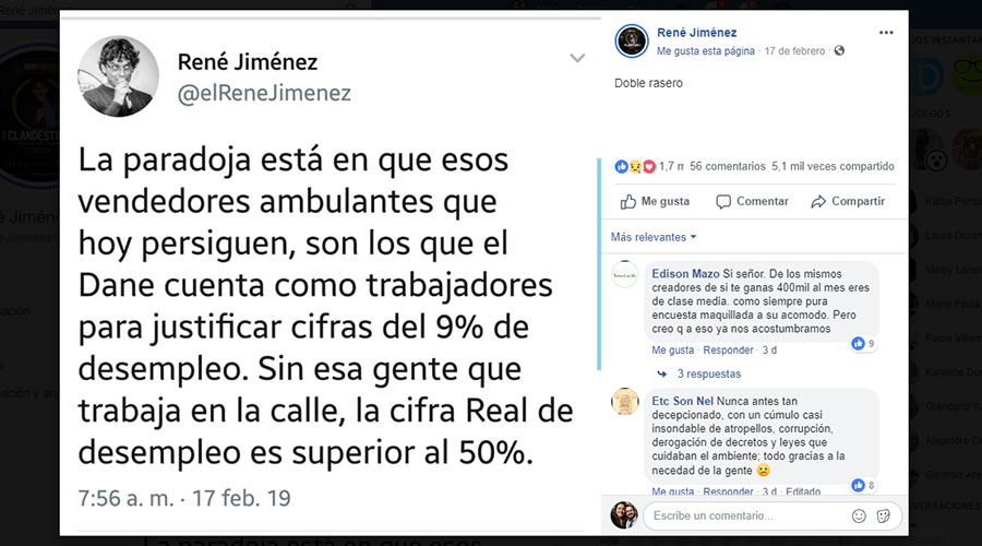 Publicación en Facebook con una imagen del tuit en mención