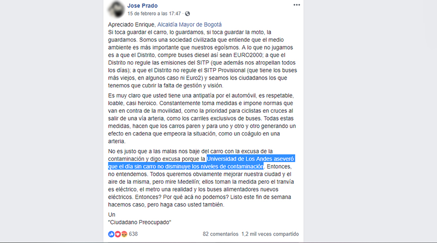 Publicación en Facebook que cita el estudio de Los Andes (frase resaltada)