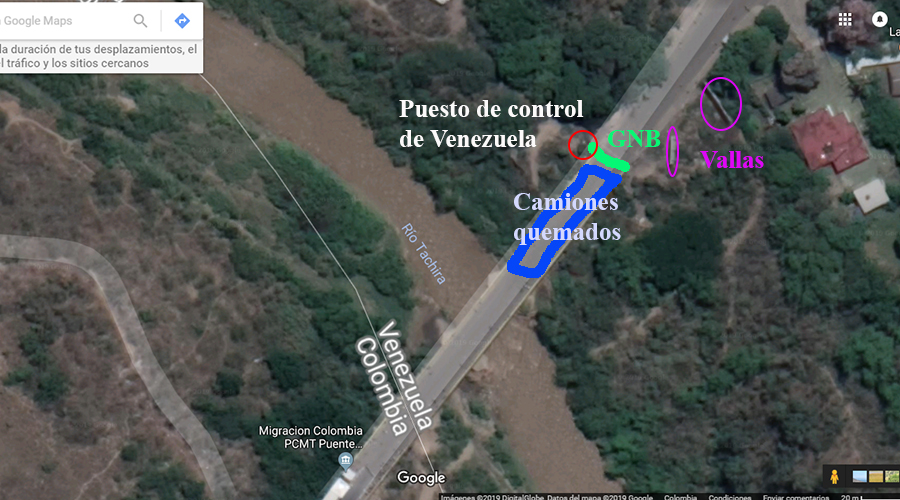 Captura de Google Maps con señas de la ubicación de los camiones quemados