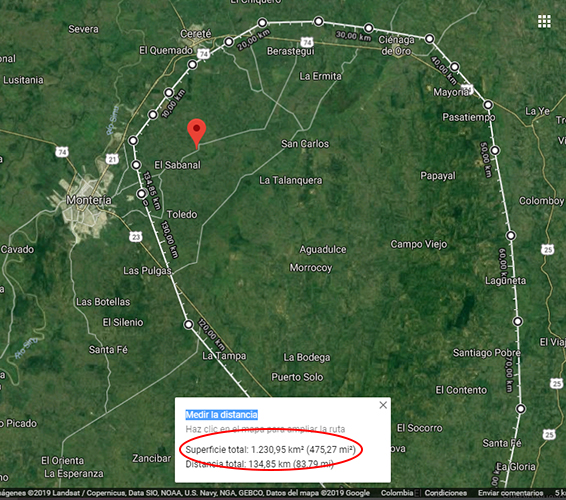 Medición aproximada del área del el círculo amarillo en Google Maps