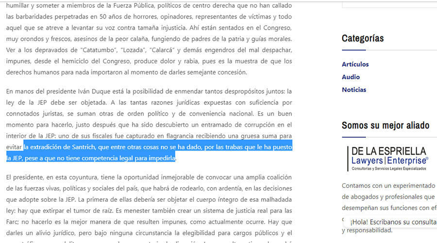 Captura de pantalla de la columna de De la Espriella en la página de su firma con la frase resaltada