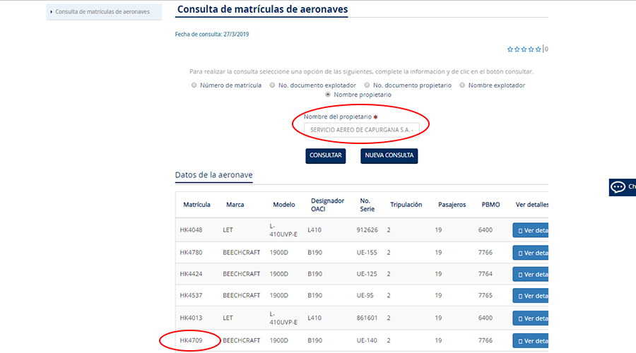 Registro de propiedad del avión en Aerocivil