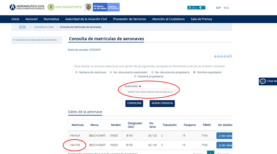 Registro explotación del avión en Aerocivil