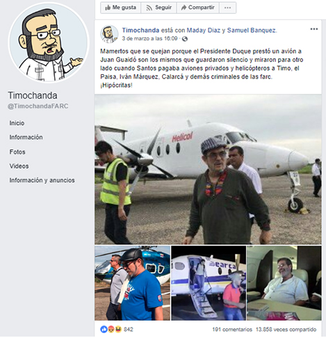 Publicación en Facebook sobre los vuelos chárter para jefes de las Farc