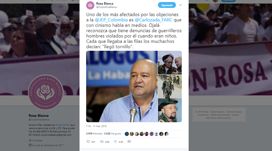 Captura de pantalla del tuit de Corporación Rosa Blanca sobre 'Lozada'