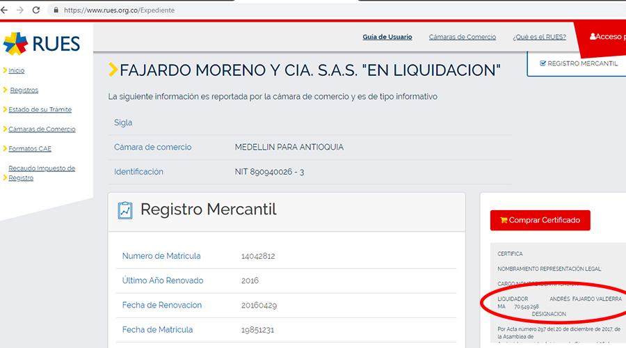 Registro mercantil de Fajardo Moreno y Cía. S.A.S. en el RUES