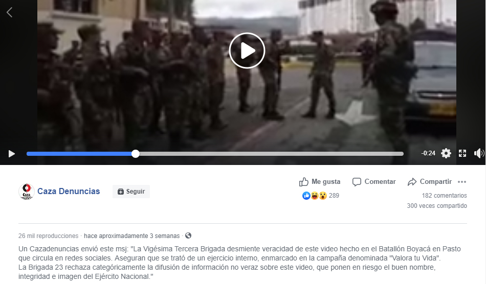 Captura de pantalla de aclaración sobre el video en Facebook