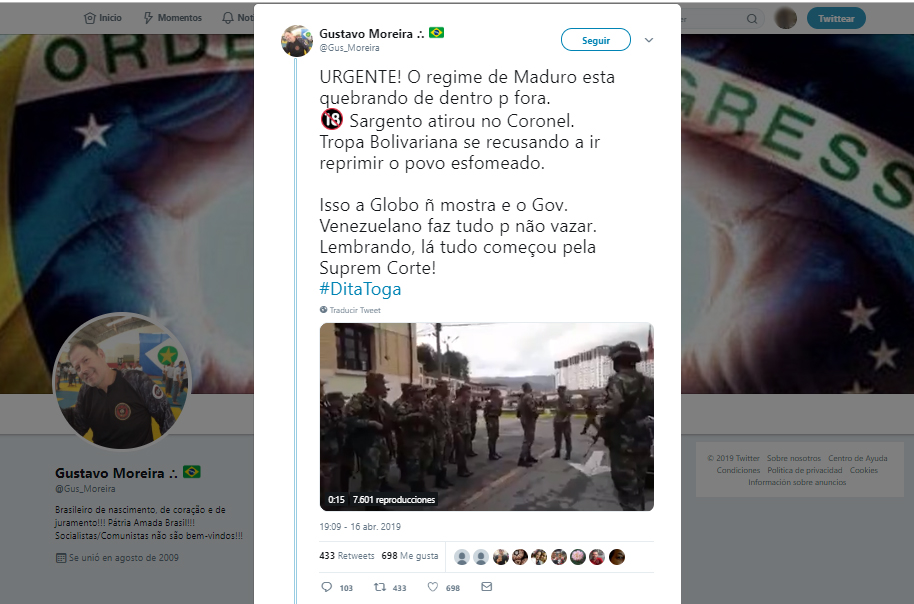 Captura de pantalla del tuit en portugués con el video