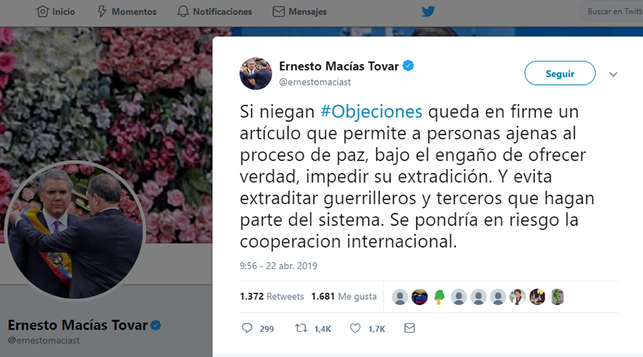 Captura de pantalla del tuit del senador Ernesto Macías