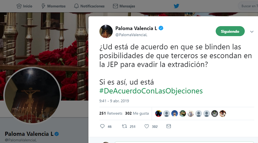 Captura de pantalla del tuit de la senadora Paloma Valencia