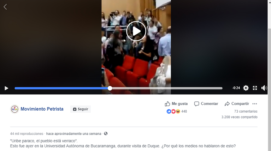 Captura de pantalla del video y el mensaje que lo acompaña en Facebook