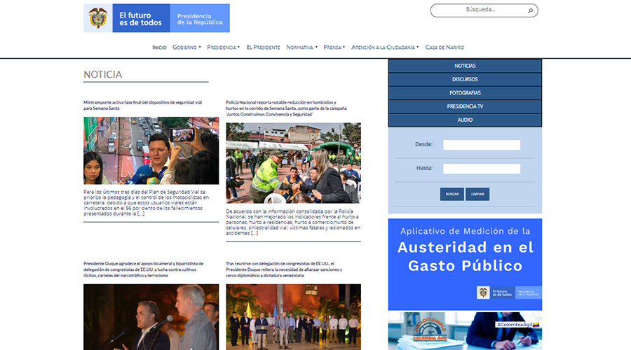 Captura de pantalla de la sección de noticias en la web de Presidencia