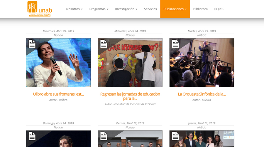 Captura de pantalla de la sección noticias en la web de la UNAB