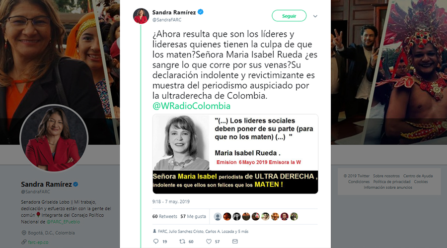 Tuit de la senadora de la Farc Sandra Ramírez sobre María Isabel Rueda