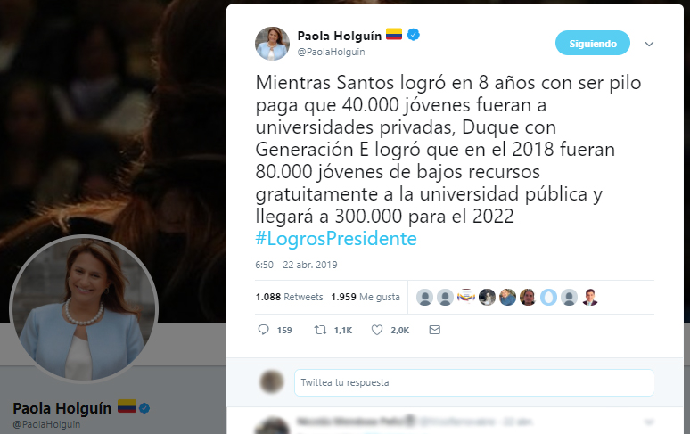 Tuit de la senadora Paola Holguín sobre Generación E vs. Ser Pilo Paga