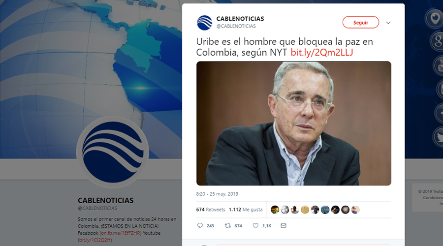 Captura de pantalla de un tuit del canal que promociona la misma nota