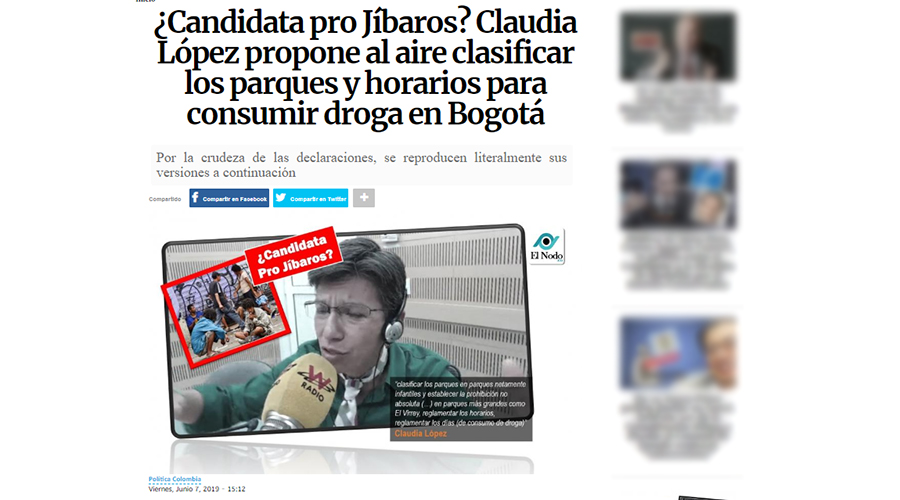 Captura de pantalla de la nota sobre Claudia López y los jíbaros en El Nodo