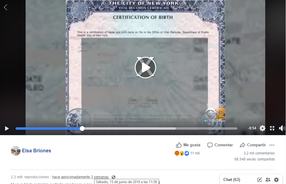 Captura de pantalla de la publicación reciente del video en Facebook