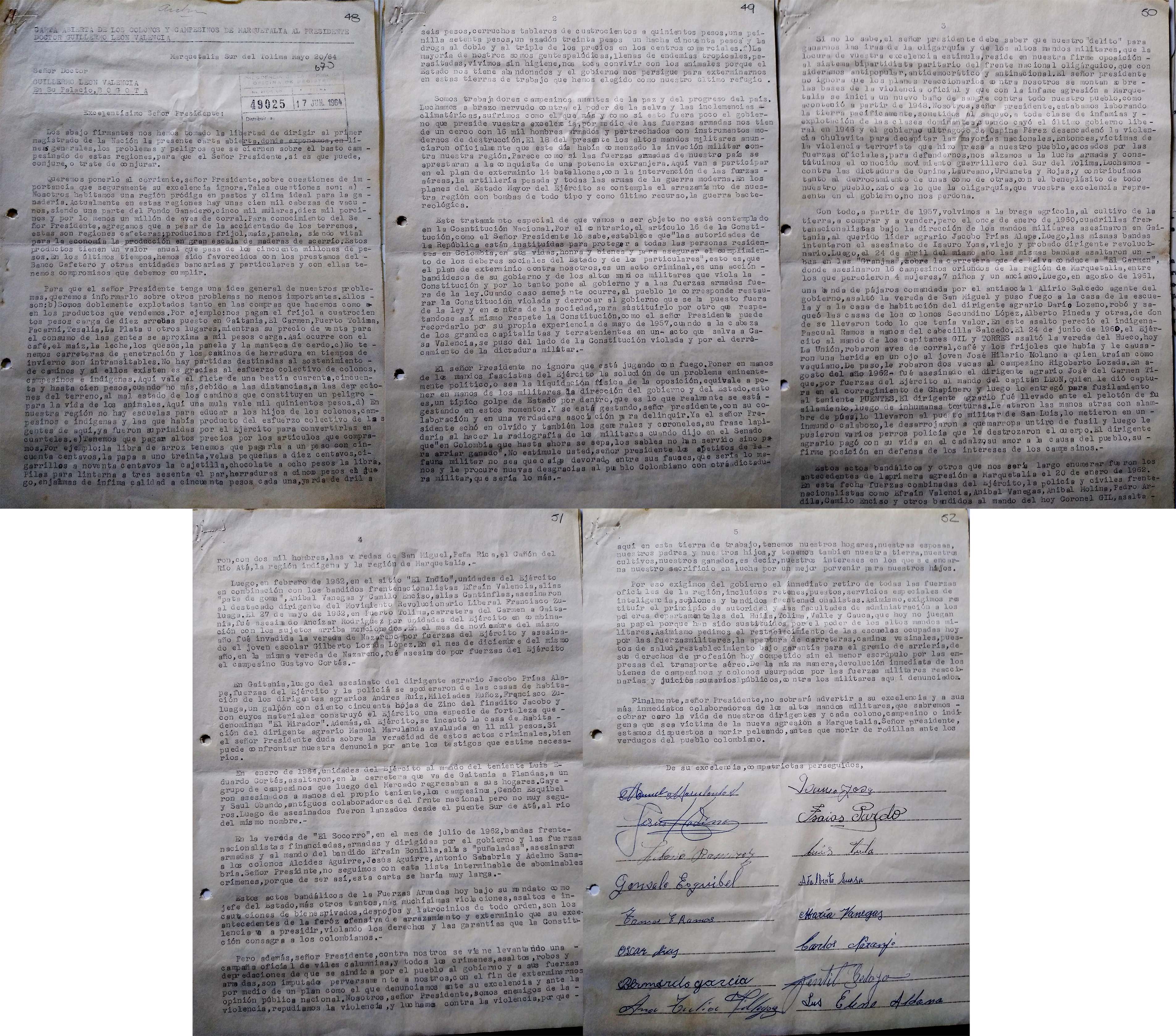 Carta de Tirofijo y otros líderes de Marquetalia al presidente Valencia