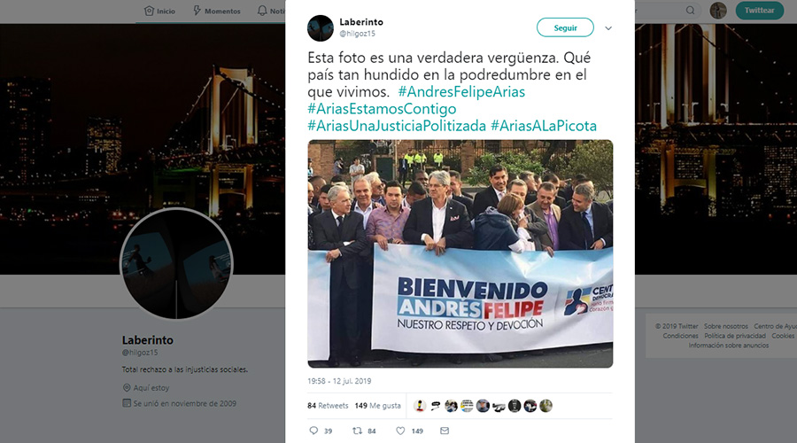 Captura de pantalla de tuit con la supuesta foto de bienvenida a Arias