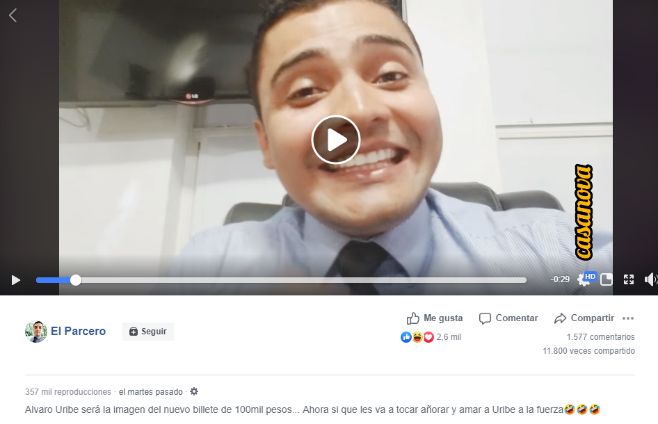 Captura de pantalla del video en Facebbook sobre el billete de Álvaro Uribe