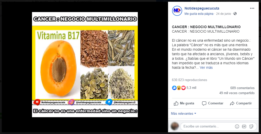 Captura de pantalla del video sobre el falso tratamiento en Facebook