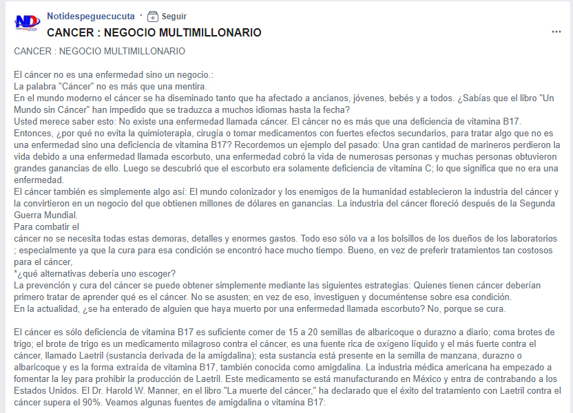 Captura de pantalla del texto que acompaña el video sobre la falsa vitamina