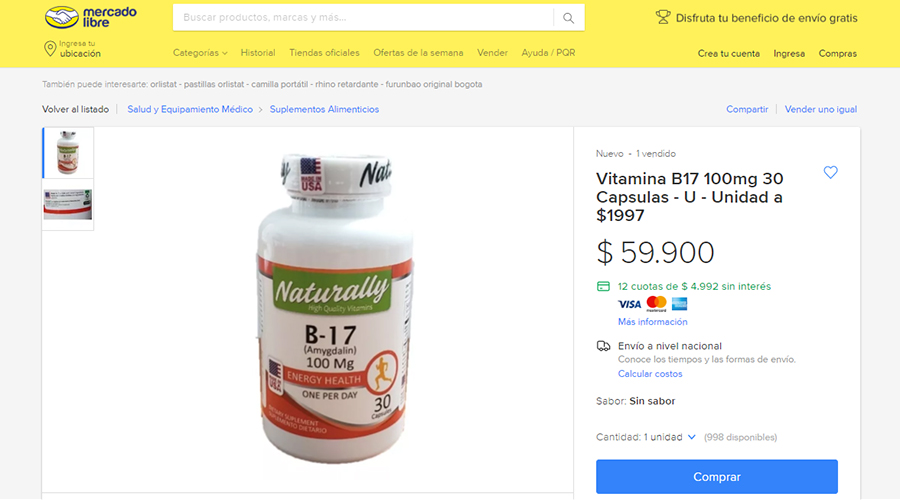 Venta de laetril hecho en Estados Unidos como supuesta vitamina B17