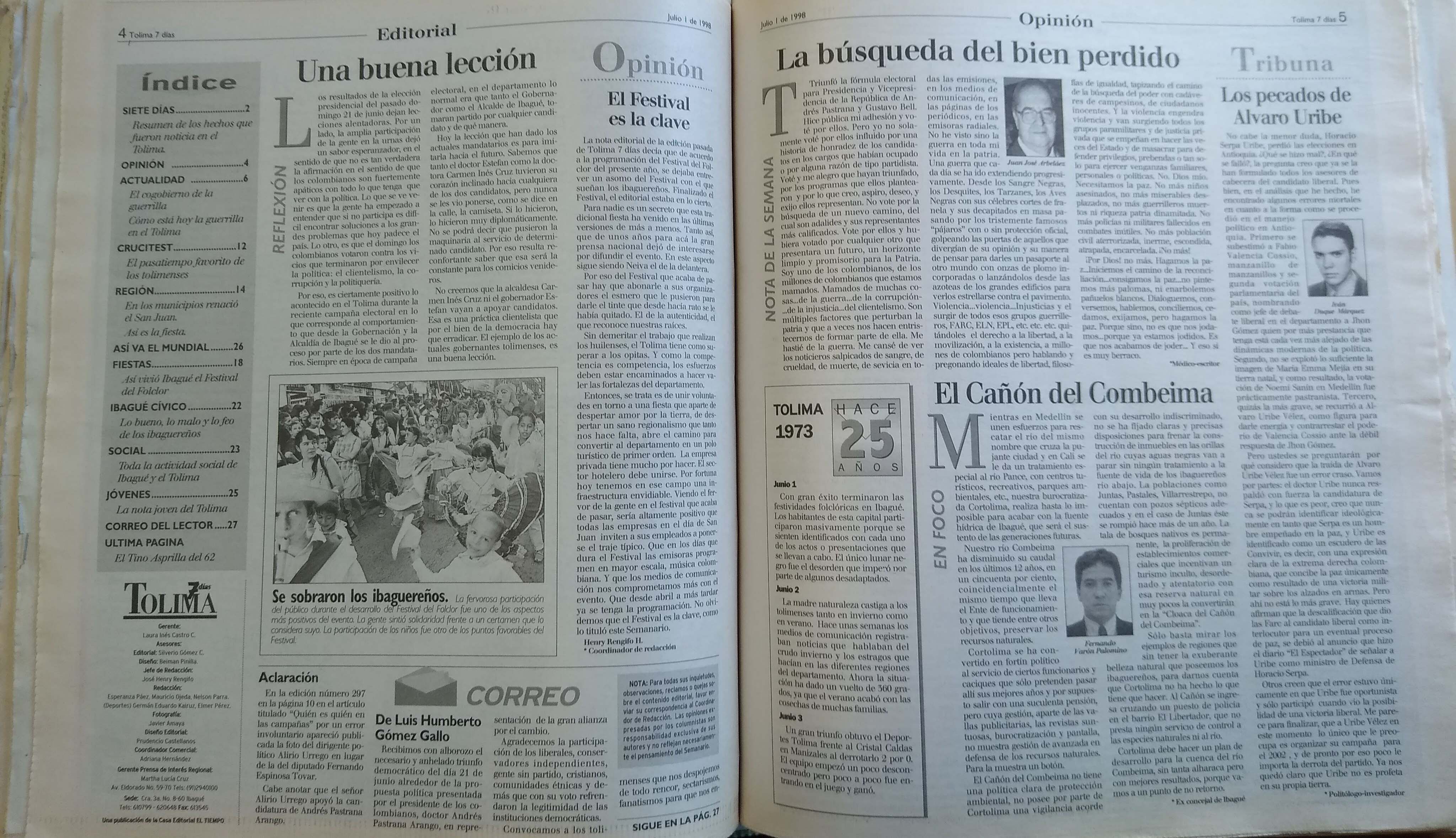 Páginas 4 y 5 de Tolima 7 Días, edición del 1 de julio de 1998