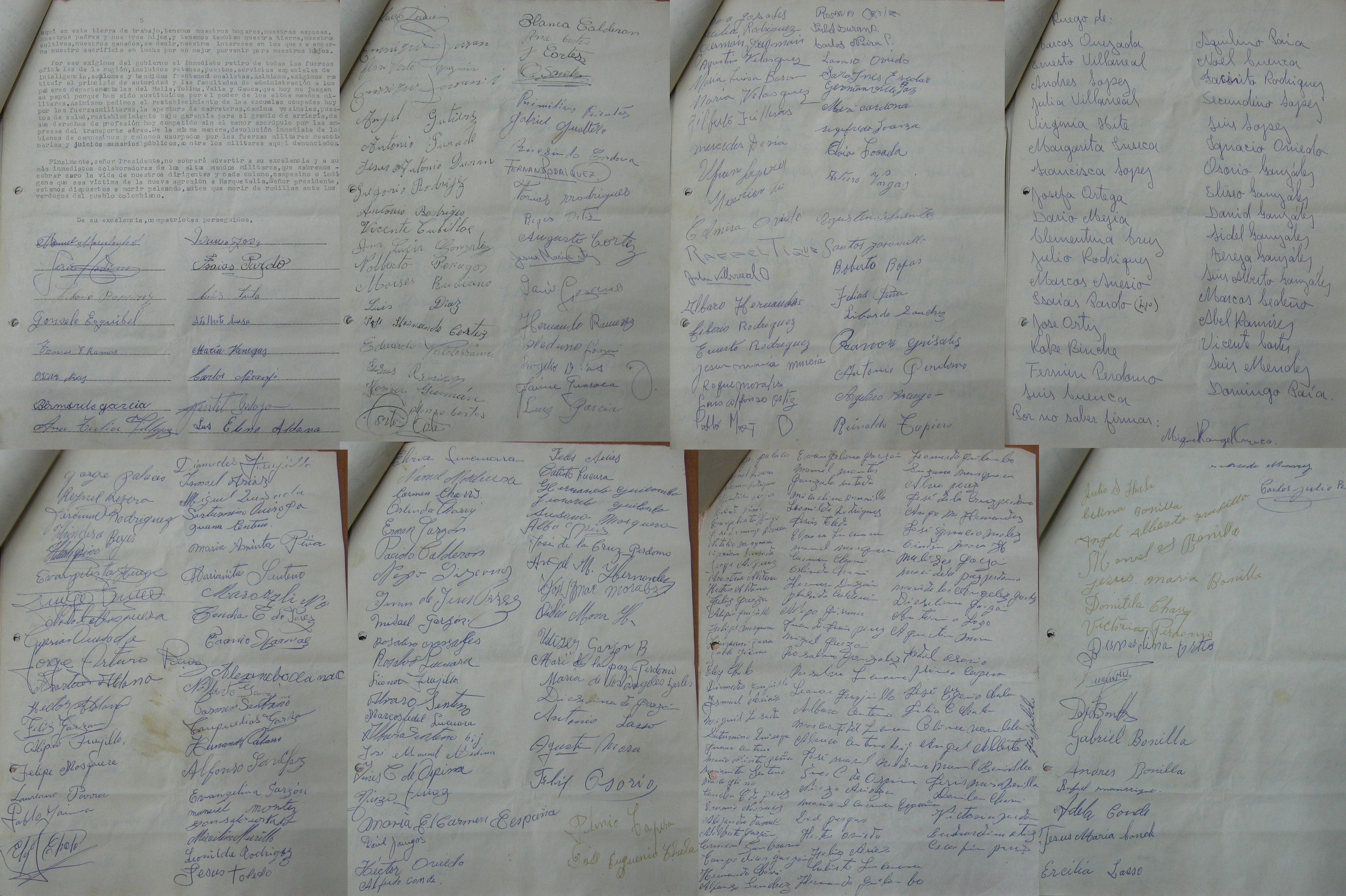 Firmas que acompañaban la carta de Marquetalia al presidente Valencia
