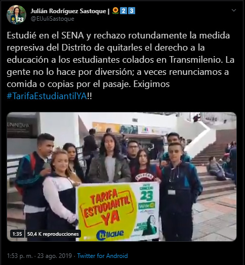 Captura de pantalla del tuit de Julián Rodríguez sobre colados del Sena