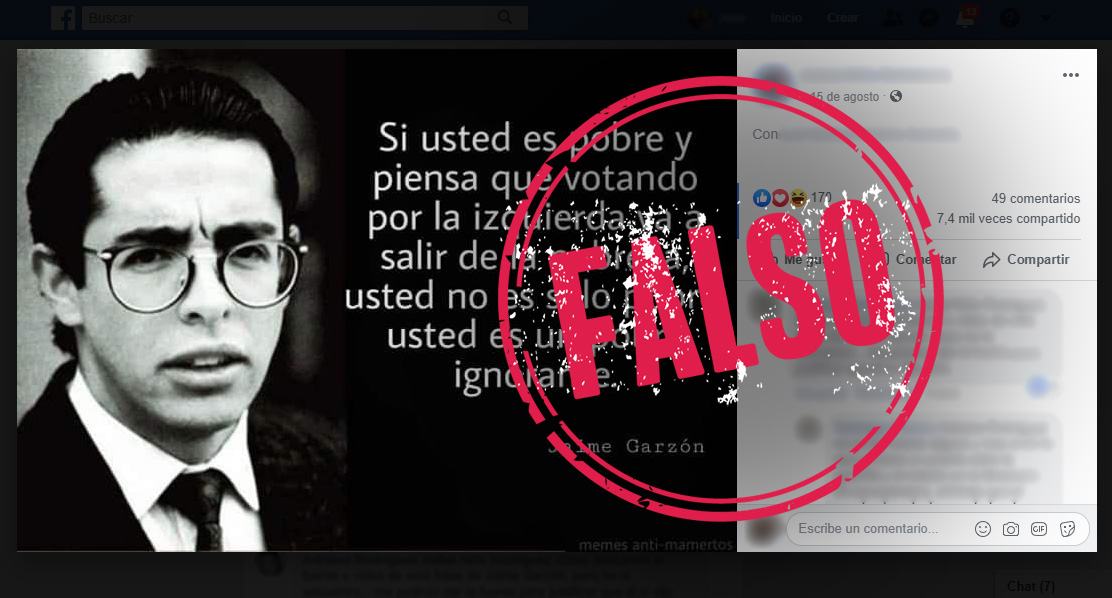 Captura de pantalla de publicación con supuesta frase de Jaime Garzón