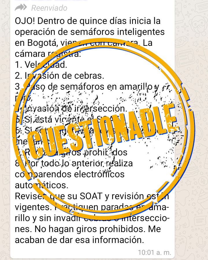 Captura de pantalla de la cadena sobre semaforización en WhatsApp