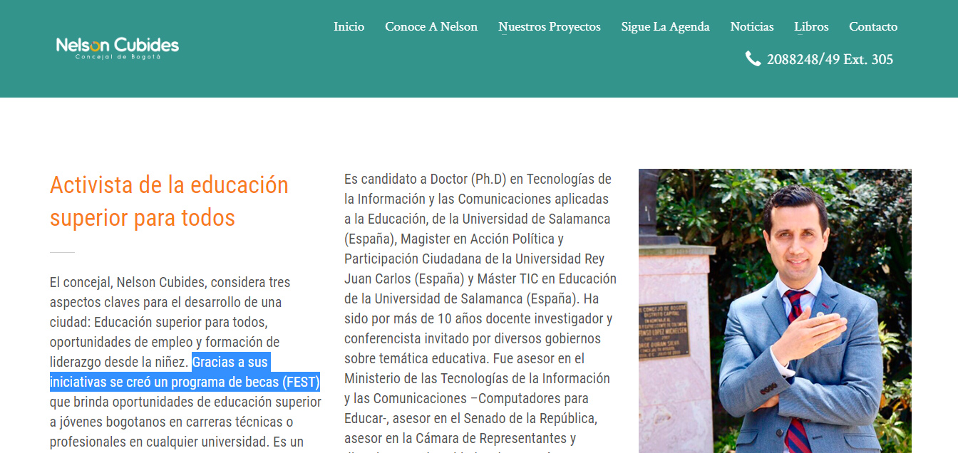 Captura de pantalla de la biografía de Cubides en su página oficial