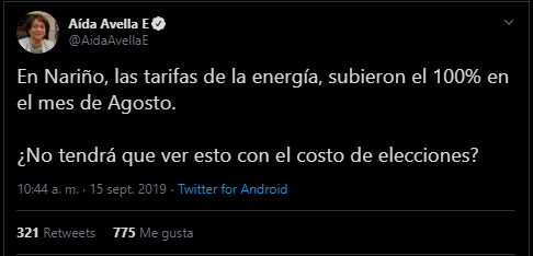 Captura de pantalla del tuit de Avella sobre las tarifas de electricidad