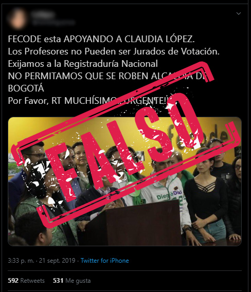 Captura de pantalla de tuit falso sobre Fecode y Claudia López