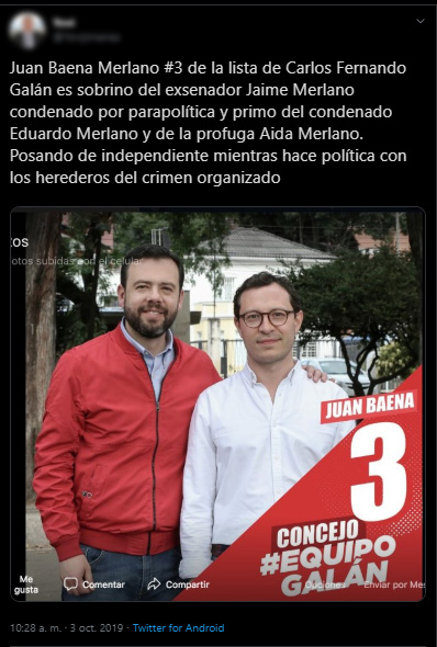 Captura de pantalla de tuit sobre Juan Baena y su relación con los Merlano