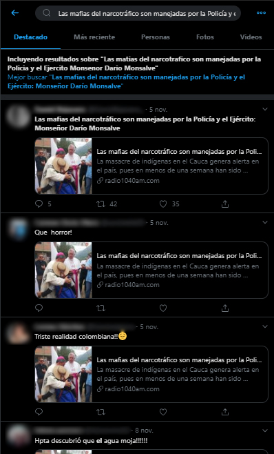 Captura de pantalla de la búsqueda por el primer titular en Twitter