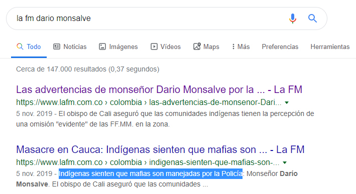 Captura de pantalla de la búsqueda de Google donde sale la nota original