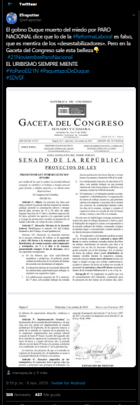 Tuit que presenta proyecto de ley laboral de Uribe como reforma del Gobierno