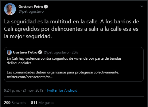 Tuit de Petro sobre toque de queda en Cali