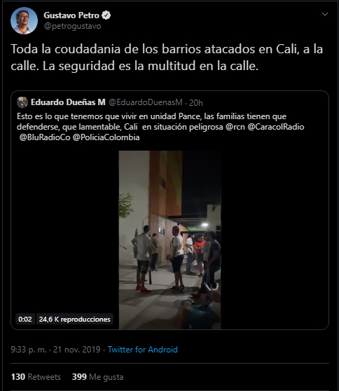 Otro tuit de Petro sobre toque de queda en Cali