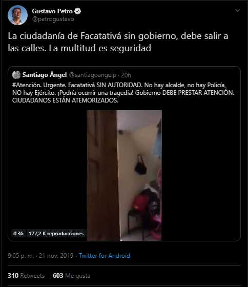 Tuit de Petro sobre toque de queda en Facatativá