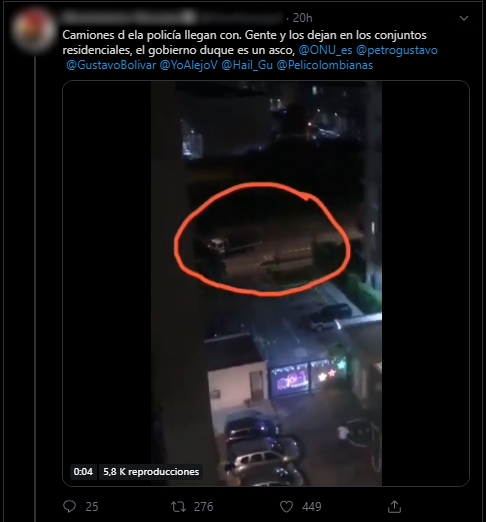 Otro tuit con video de camión dejando a vecinos en conjunto de Cali