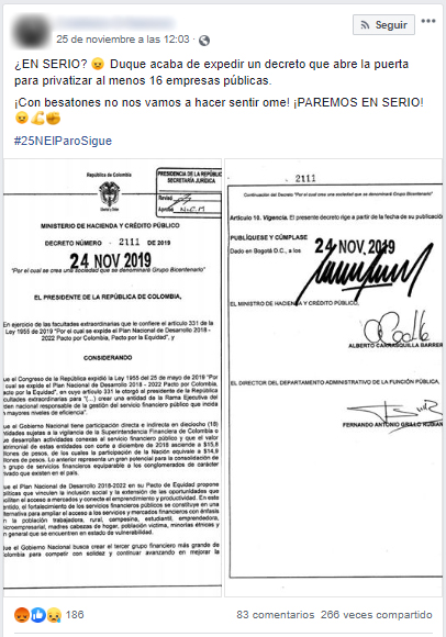 Captura de pantalla de publicación en Facebook sobre el 'holding' financiero