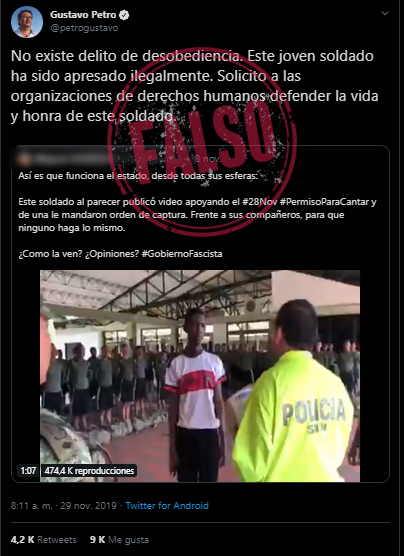 Captura de pantalla de tuit de Petro sobre captura de soldado supuestamente por paro