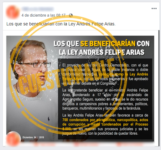 Captura de pantalla de publicación sobre ley Andrés Felipe Arias en Facebook