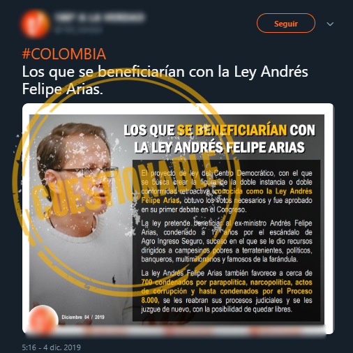 Captura de pantalla de tuit sobre ley Andrés Felipe Arias