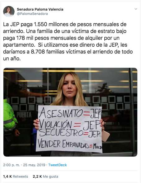 Trino de la senadora Paloma Valencia comparando el arriendo de la JEP con un arriendo de clase media-baja