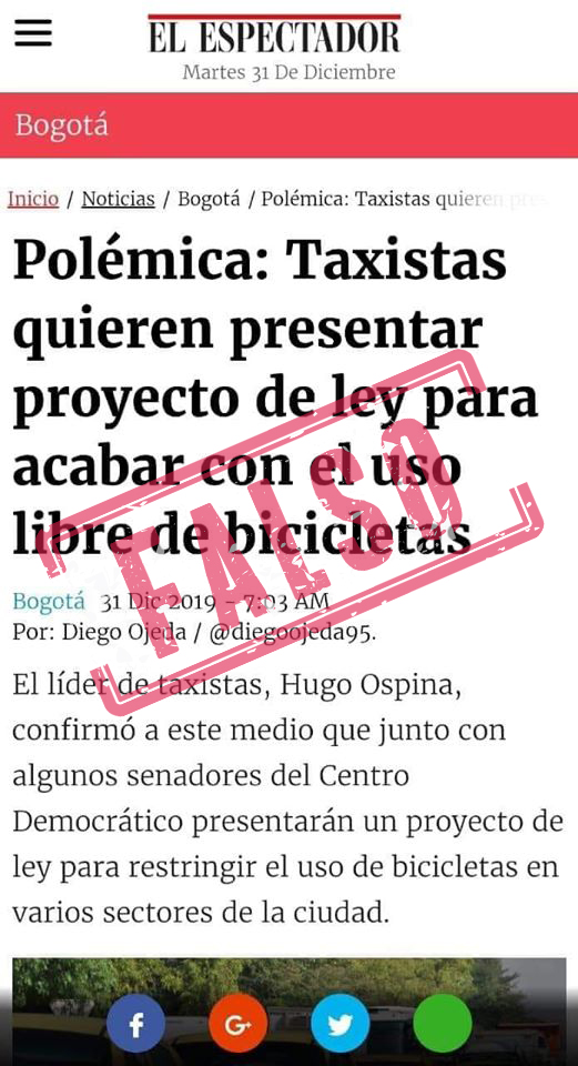 Captura de pantalla que circula sobre noticia falsa de proyecto de ley